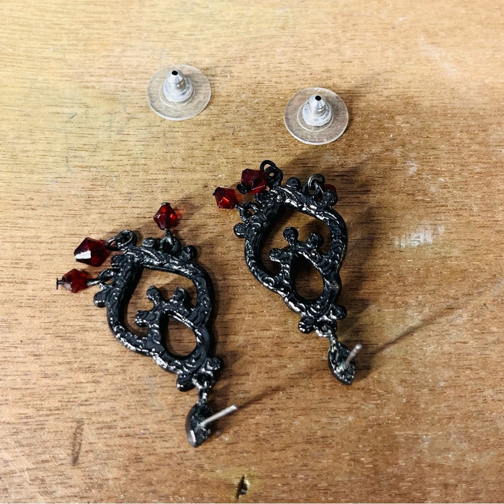 Red Rhinestone Heart Drop Earrings - Picture 2 of 5